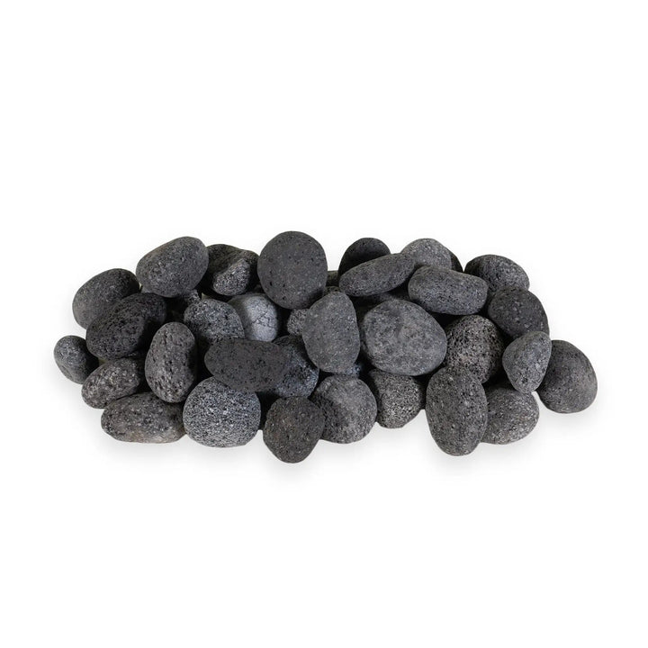 A close-up view of medium-sized (2-3 inches) rolled lava rocks, suitable for outdoor fire pits and fireplaces. These high-quality volcanic rocks offer superior heat retention, ensuring an even and efficient burn. The pile of lava rocks showcases their natural texture and dark gray tone, which adds a stylish and functional element to outdoor fire features