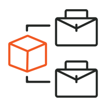 Icon showing a cube and two briefcases, representing a package transfer, exchange, or delivery process.