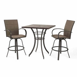 Outdoor bar-height bistro set with a square table and two cushioned bar stools, perfect for patio dining or outdoor entertainment spaces