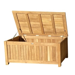 Natural wood outdoor storage chest with an open lid, perfect for storing patio accessories and outdoor essentials while enhancing the outdoor decor.