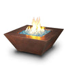 Plaza Moreno 40" x 40" square copper fire pit featuring blue fire glass and bright flames, displayed on a white background, modern outdoor fire pit for backyard use by Starfire Designs