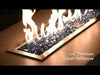 Vibrant cobalt blue 1/4" reflective fire glass from American Fire Products glowing beneath a lively flame in a contemporary outdoor fire feature, offering a bold pop of color and sparkling reflective shimmer perfect for modern patios or fire pit upgrades.