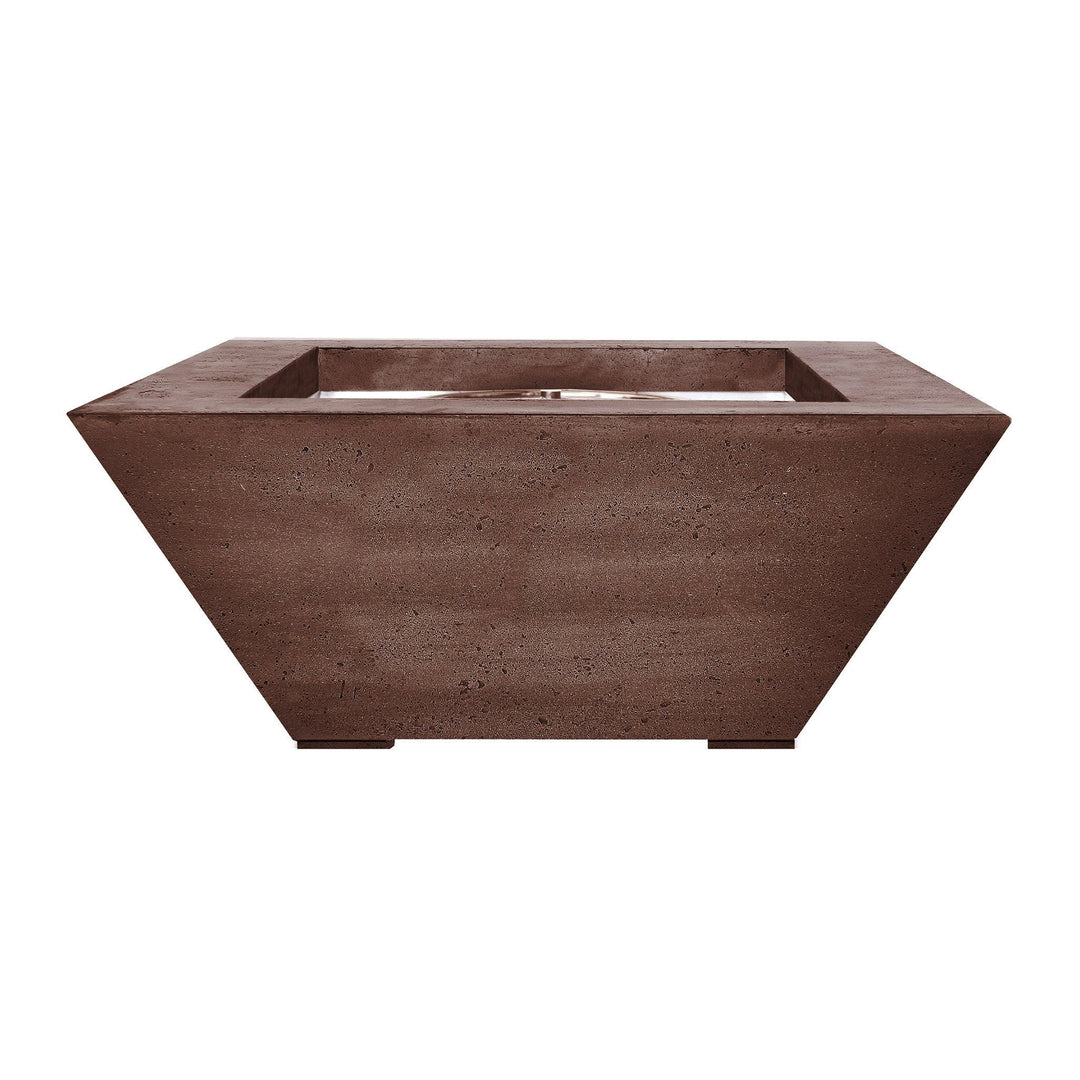Prism Hardscapes Lombard Gas Fire Pit in Cafe color. A modern, tapered concrete fire pit with a sleek, angular design and smooth surface. Perfect for outdoor patios or gardens, featuring durable construction for extended use. This gas fire pit is designed to bring warmth and style to any backyard, combining luxury and functionality. Ideal for creating a cozy ambiance with a modern outdoor fire pit.