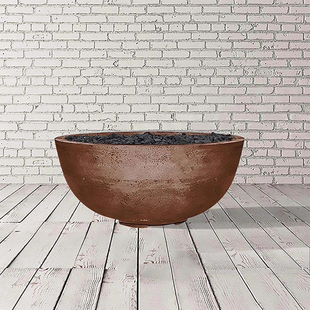 A close-up view of the Prism Hardscapes Moderno 1 Gas Fire Bowl in a cafe color, showcasing its rustic and durable concrete construction. This outdoor fire pit bowl adds a stylish, modern touch to any backyard or patio, featuring a minimalist design and smooth finish. Ideal for large backyard fire pits or modern outdoor fire pits.