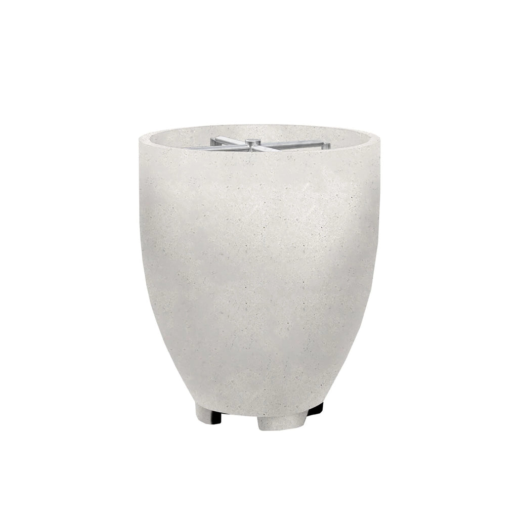 The Prism Hardscapes Pentola 1 Gas Fire Column in Ultra White shown from an angled view, displaying the clean, modern cylindrical design and durable concrete construction. Ideal for enhancing outdoor spaces, this fire column delivers both functionality and elegance, perfect for backyard fire pits and patio settings. Made with weather-resistant materials, this fire pit ensures longevity and a sleek, modern look. 