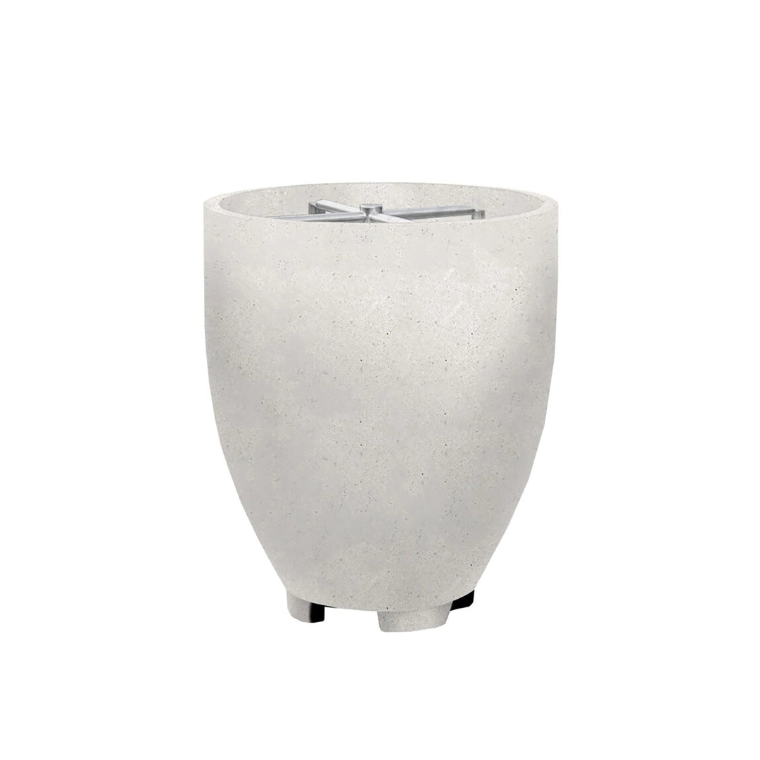 The Prism Hardscapes Pentola 1 Gas Fire Column in Ultra White shown from an angled view, displaying the clean, modern cylindrical design and durable concrete construction. Ideal for enhancing outdoor spaces, this fire column delivers both functionality and elegance, perfect for backyard fire pits and patio settings. Made with weather-resistant materials, this fire pit ensures longevity and a sleek, modern look. 