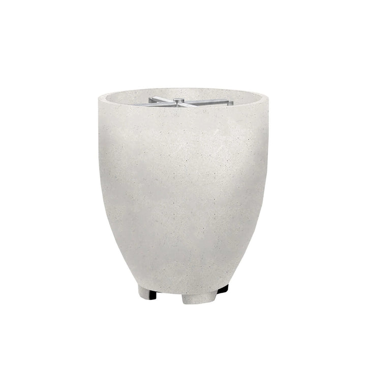 The Prism Hardscapes Pentola 1 Gas Fire Column in Ultra White shown from an angled view, displaying the clean, modern cylindrical design and durable concrete construction. Ideal for enhancing outdoor spaces, this fire column delivers both functionality and elegance, perfect for backyard fire pits and patio settings. Made with weather-resistant materials, this fire pit ensures longevity and a sleek, modern look. 