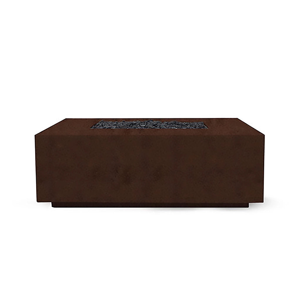 The Prism Hardscapes Portos 58" Propane Fire Table in a cafe finish is showcased in a stylish outdoor setting. This rectangular fire table features a smooth surface with a warm cafe brown color, making it a perfect centerpiece for modern patios. Ideal for outdoor fire pit enthusiasts looking for a durable and contemporary design, the table includes lava rock for a complete fire feature. Suitable for both commercial fire pit settings and large backyard fire pits.