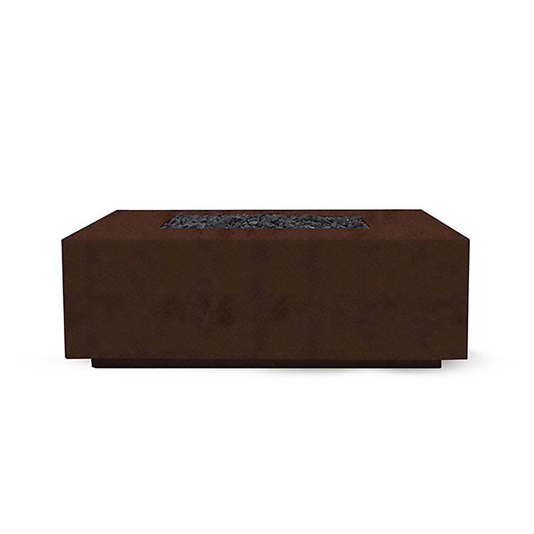 The Prism Hardscapes Portos 58" Propane Fire Table in a cafe finish is showcased in a stylish outdoor setting. This rectangular fire table features a smooth surface with a warm cafe brown color, making it a perfect centerpiece for modern patios. Ideal for outdoor fire pit enthusiasts looking for a durable and contemporary design, the table includes lava rock for a complete fire feature. Suitable for both commercial fire pit settings and large backyard fire pits.