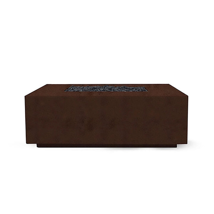 The Prism Hardscapes Portos 58" Propane Fire Table in a cafe finish is showcased in a stylish outdoor setting. This rectangular fire table features a smooth surface with a warm cafe brown color, making it a perfect centerpiece for modern patios. Ideal for outdoor fire pit enthusiasts looking for a durable and contemporary design, the table includes lava rock for a complete fire feature. Suitable for both commercial fire pit settings and large backyard fire pits.