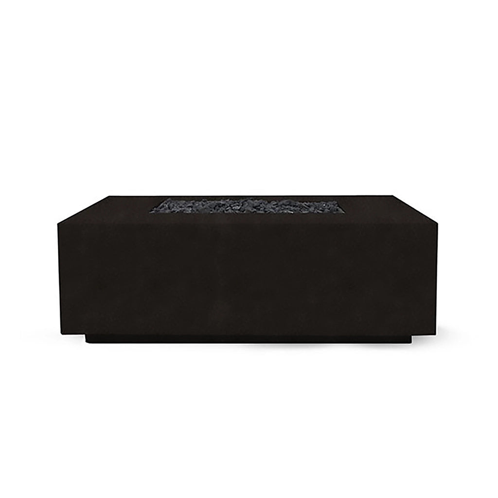 The Prism Hardscapes Portos 58" Propane Fire Table in an elegant ebony finish is displayed in a sleek outdoor patio environment. The fire table's dark, contemporary appearance makes it an excellent choice for a modern fire pit setup. Designed to withstand outdoor elements, it offers a stylish and functional centerpiece for gatherings around a propane fire pit. Featuring a wide rectangular surface with a refined finish, this fire table is perfect for outdoor gas fire pits in sophisticated settings.
