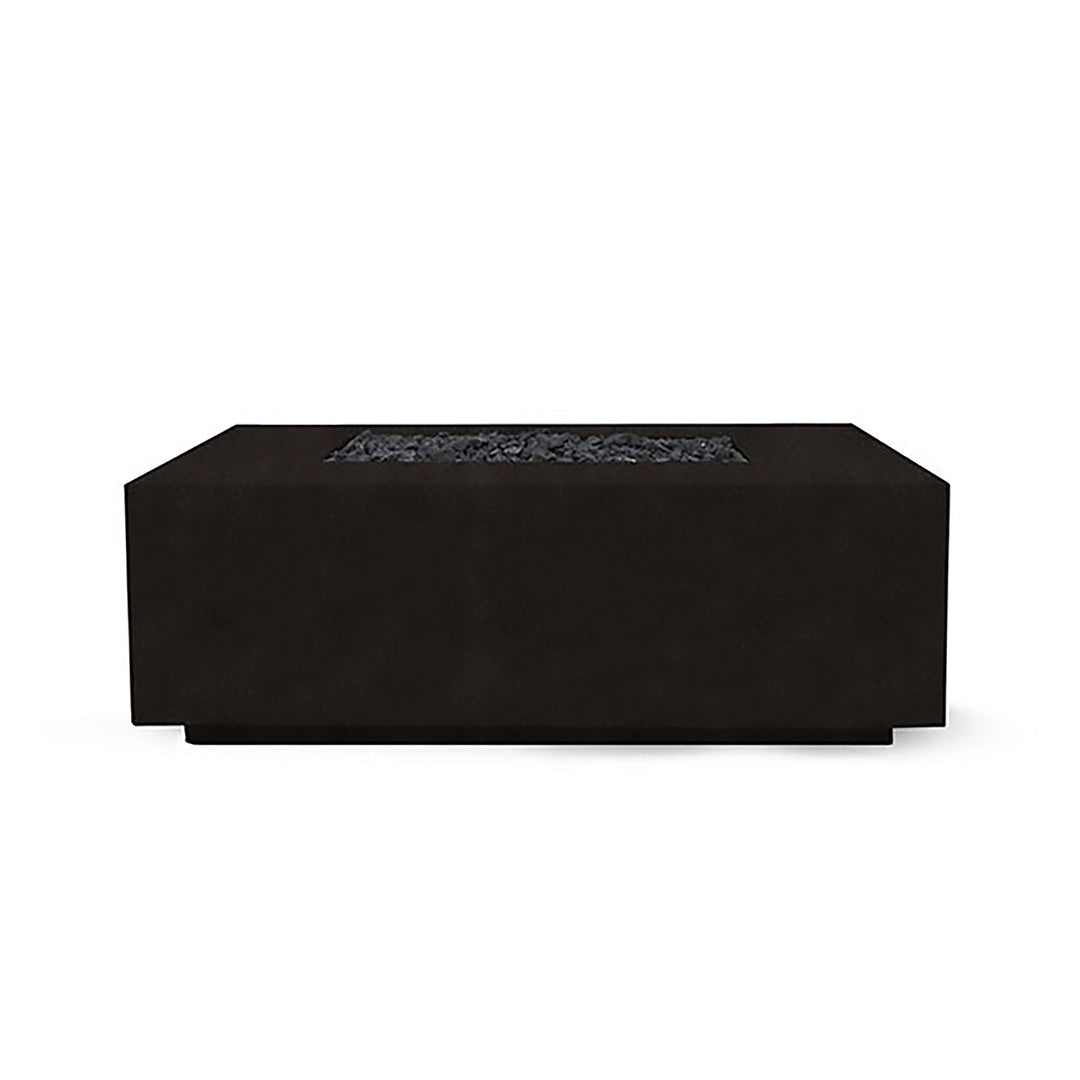 The Prism Hardscapes Portos 58" Propane Fire Table in an elegant ebony finish is displayed in a sleek outdoor patio environment. The fire table's dark, contemporary appearance makes it an excellent choice for a modern fire pit setup. Designed to withstand outdoor elements, it offers a stylish and functional centerpiece for gatherings around a propane fire pit. Featuring a wide rectangular surface with a refined finish, this fire table is perfect for outdoor gas fire pits in sophisticated settings.