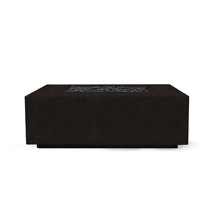 The Prism Hardscapes Portos 58" Propane Fire Table in an elegant ebony finish is displayed in a sleek outdoor patio environment. The fire table's dark, contemporary appearance makes it an excellent choice for a modern fire pit setup. Designed to withstand outdoor elements, it offers a stylish and functional centerpiece for gatherings around a propane fire pit. Featuring a wide rectangular surface with a refined finish, this fire table is perfect for outdoor gas fire pits in sophisticated settings.