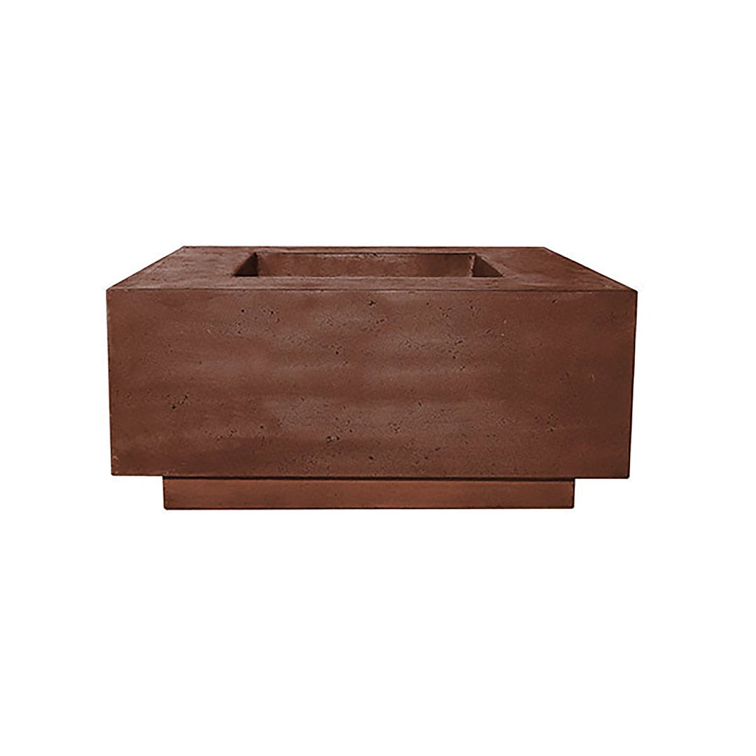 The Prism Hardscapes Tavola 2 Gas Fire Pit in a rich cafe brown finish. This rectangular concrete fire pit features a low-profile design with a wide edge surrounding the central burner, making it an elegant centerpiece for outdoor living spaces. Perfect for a backyard fire pit or patio, it works with both natural gas and propane, offering a modern fire pit design for a variety of outdoor settings.