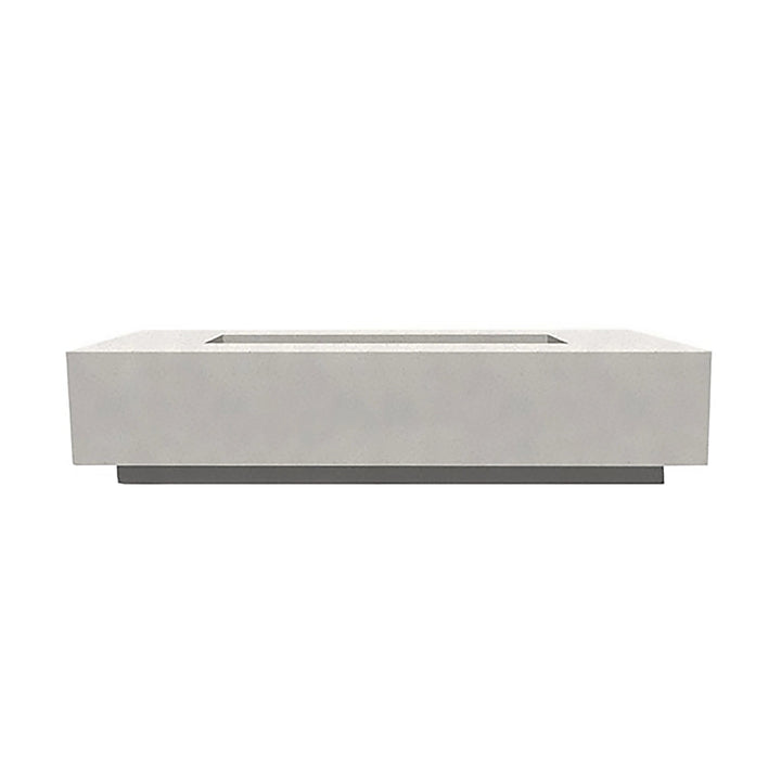 Front view of the Prism Hardscapes Tavola 72 Gas Fire Pit in Ultra White finish. This bright and minimalist fire pit design adds a clean, modern touch to outdoor spaces. The rectangular shape and durable concrete construction make it a striking focal point for luxury outdoor fire pits, ideal for backyard fire features and modern patio fire pits.