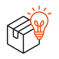 Icon showing a box and a lightbulb, representing innovative product solutions or creative ideas in packaging.