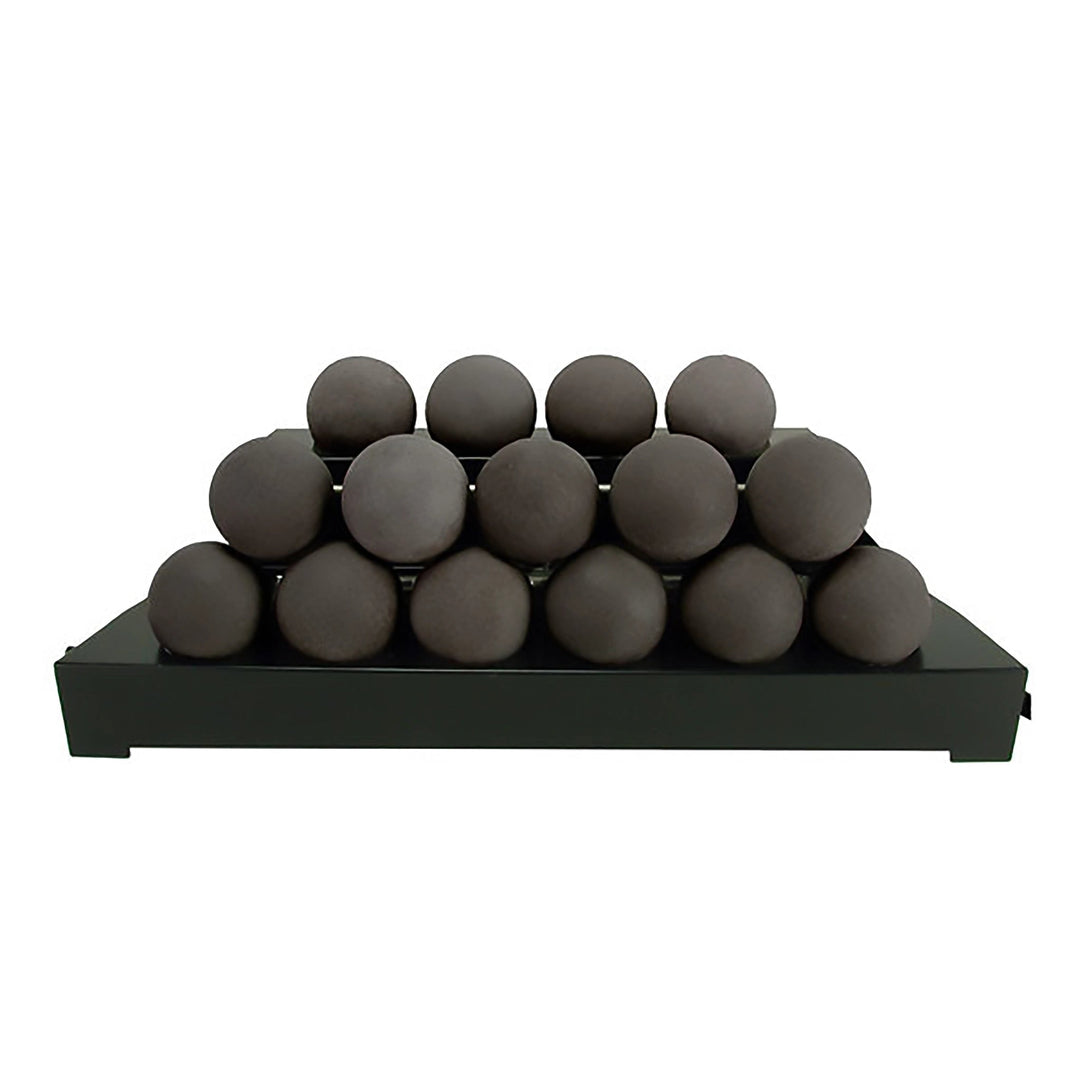 Sleek black Rasmussen Alterna Vent-Free FireBalls in a 30-inch layered stack, providing a contemporary touch to outdoor fire pit tables. These vent-free fireballs are ideal for enhancing backyard gas fire pits with a stylish and functional design