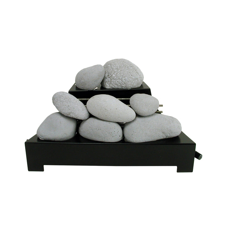 Set of Rasmussen Alterna Vent-Free FireStones in 20-inch light gray, arranged on a black tray. These stones offer a soft, neutral color that complements ventless gas fireplaces, providing a calming and natural look.