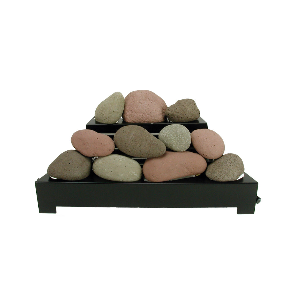 Rasmussen Alterna Vent-Free FireStones 24 inch set in brown, stacked in a pyramid style on a black fire grate. These brown stones simulate a rustic, earthy appearance, suitable for natural gas fireplaces without the need for ventilation.
