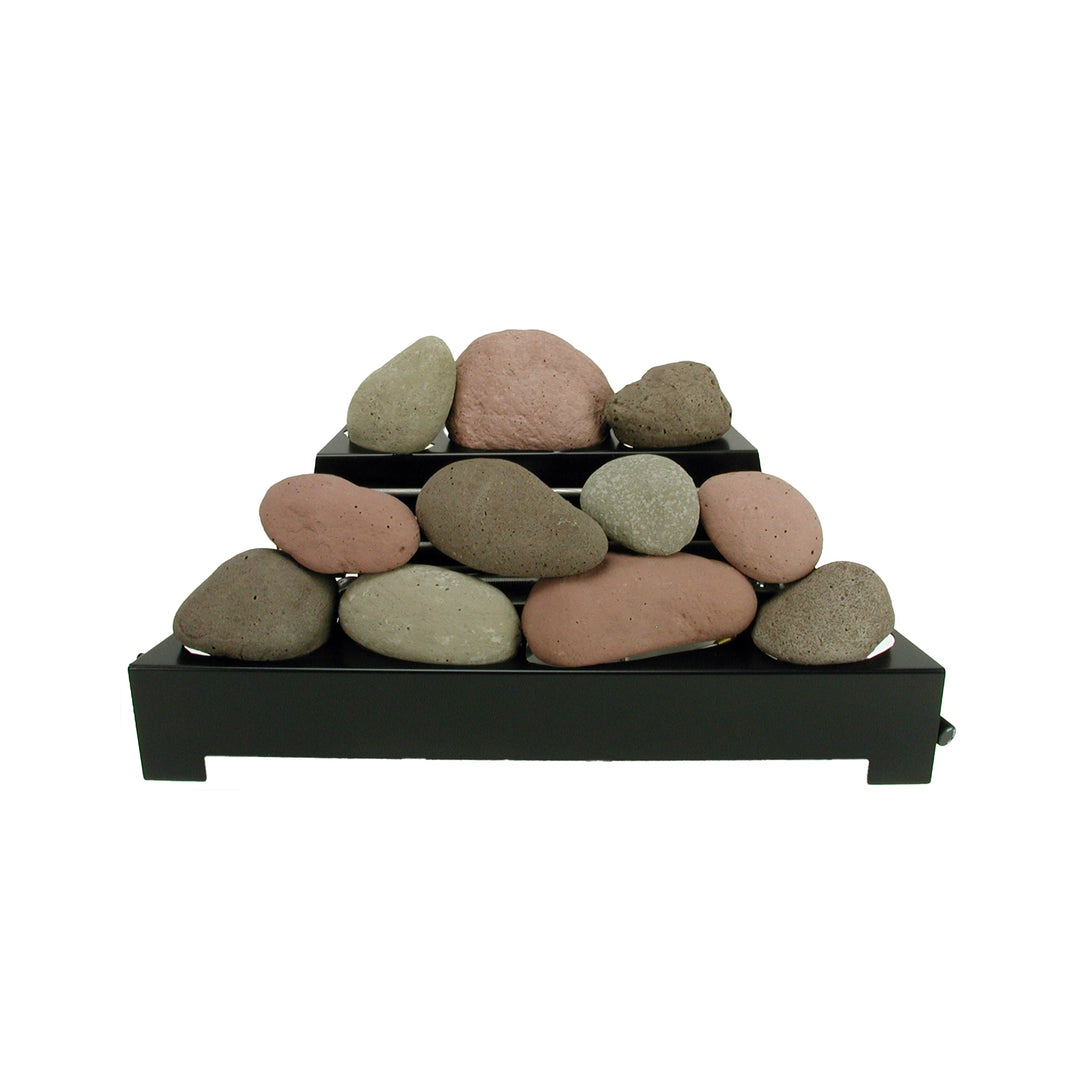 Rasmussen Alterna Vent-Free FireStones 24 inch set in brown, stacked in a pyramid style on a black fire grate. These brown stones simulate a rustic, earthy appearance, suitable for natural gas fireplaces without the need for ventilation.