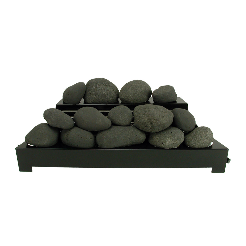 Rasmussen Alterna Vent-Free FireStones in black, 30 inches, layered for a bold, sleek look in ventless gas fireplaces. These fire stones provide a striking contrast and offer a realistic, modern alternative to traditional logs.