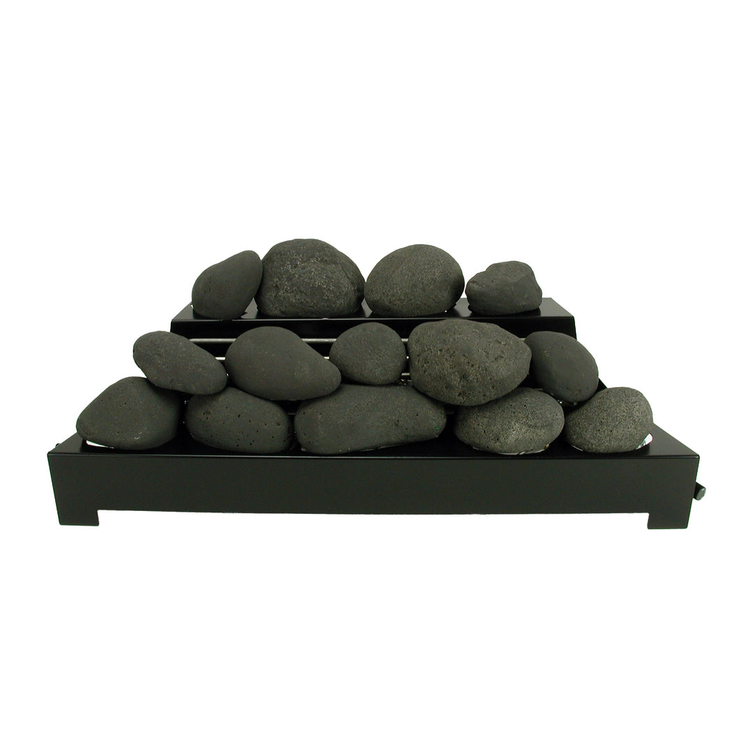 Rasmussen Alterna Vent-Free FireStones in black, 30 inches, layered for a bold, sleek look in ventless gas fireplaces. These fire stones provide a striking contrast and offer a realistic, modern alternative to traditional logs.