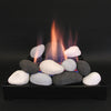 Rasmussen Alterna Vent-Free FireStones in a lifestyle display with realistic flames rising from a set of black, gray, and white stones. This setup exemplifies the elegant ambiance created by vent-free gas fireplaces, providing a warm glow perfect for indoor spaces. Ideal for natural gas or propane fireplaces, these fire stones feature a smooth, natural look that enhances the aesthetic of modern, ventless fire pit designs, making them an excellent choice for home interiors.