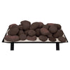Brown Rasmussen vented fire stones, stacked in a layered display on a metal grate, suitable for vented fireplaces. These stones offer a warm and traditional look, perfect for enhancing the rustic feel of fire features.