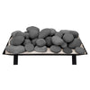 Stacked dark gray Rasmussen vented fire stones displayed on a metal platform, suitable for vented fireplaces. These stones provide a contemporary and minimalistic touch, ideal for modern fire pit setups