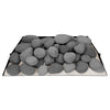 Dark gray Rasmussen vented fire stones arranged flat on a metal tray, creating a modern and sophisticated look. These stones are perfect for vented fireplaces, offering a sleek and understated enhancement to any fire feature.