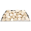 Natural-colored Rasmussen vented fire stones arranged flat on a metal tray, providing an authentic, earthy appeal to vented fireplaces. This set of stones is ideal for creating a natural and classic fire pit look.