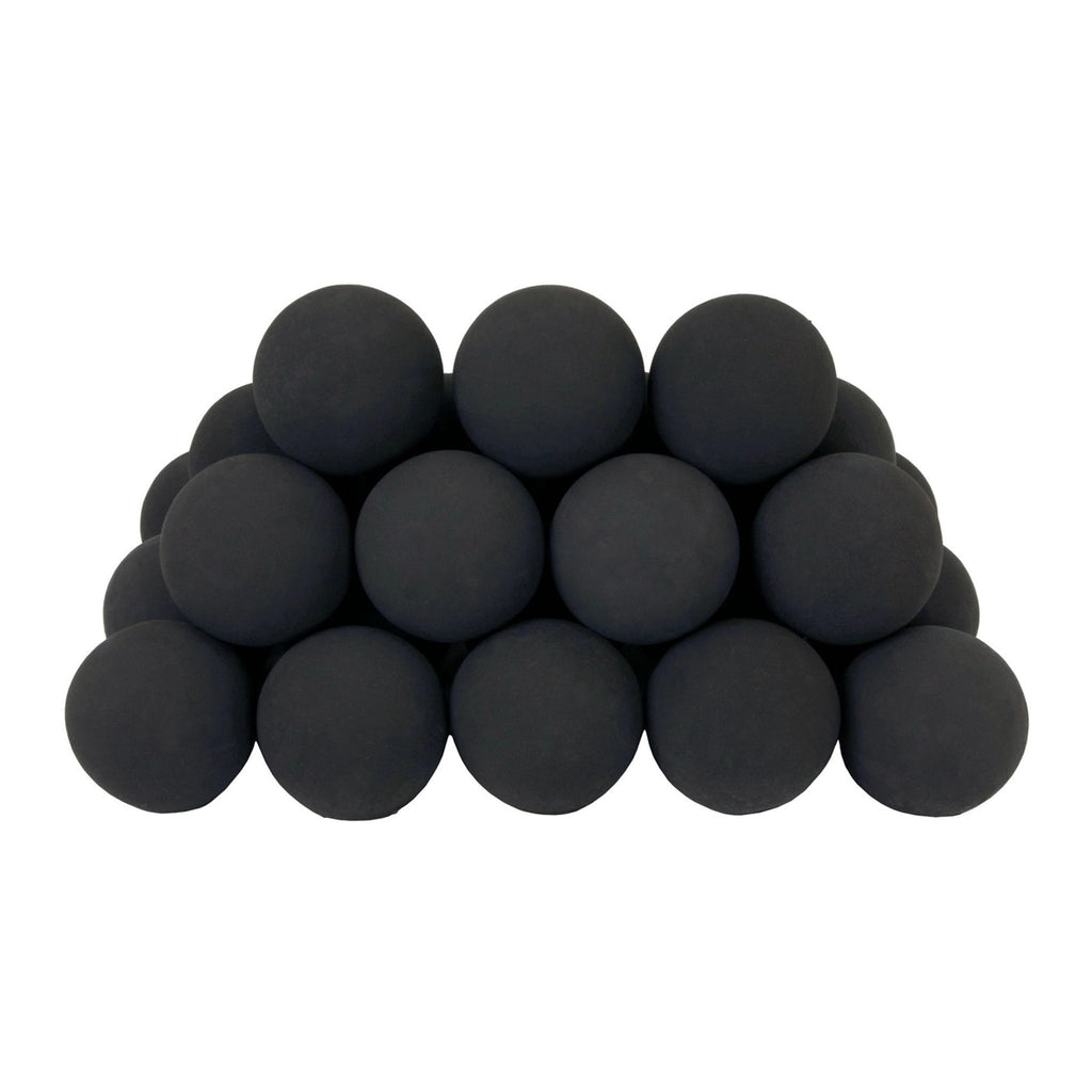 A pyramid stack of Rasmussen Vented Uniform FireBalls in Black. These smooth black fireballs offer a bold, contemporary aesthetic for vented fireplaces. The uniform round design complements modern fireplace settings, making them a popular choice for creating a striking contrast against flames. Ideal for enhancing the ambiance of natural gas or propane fire features. 