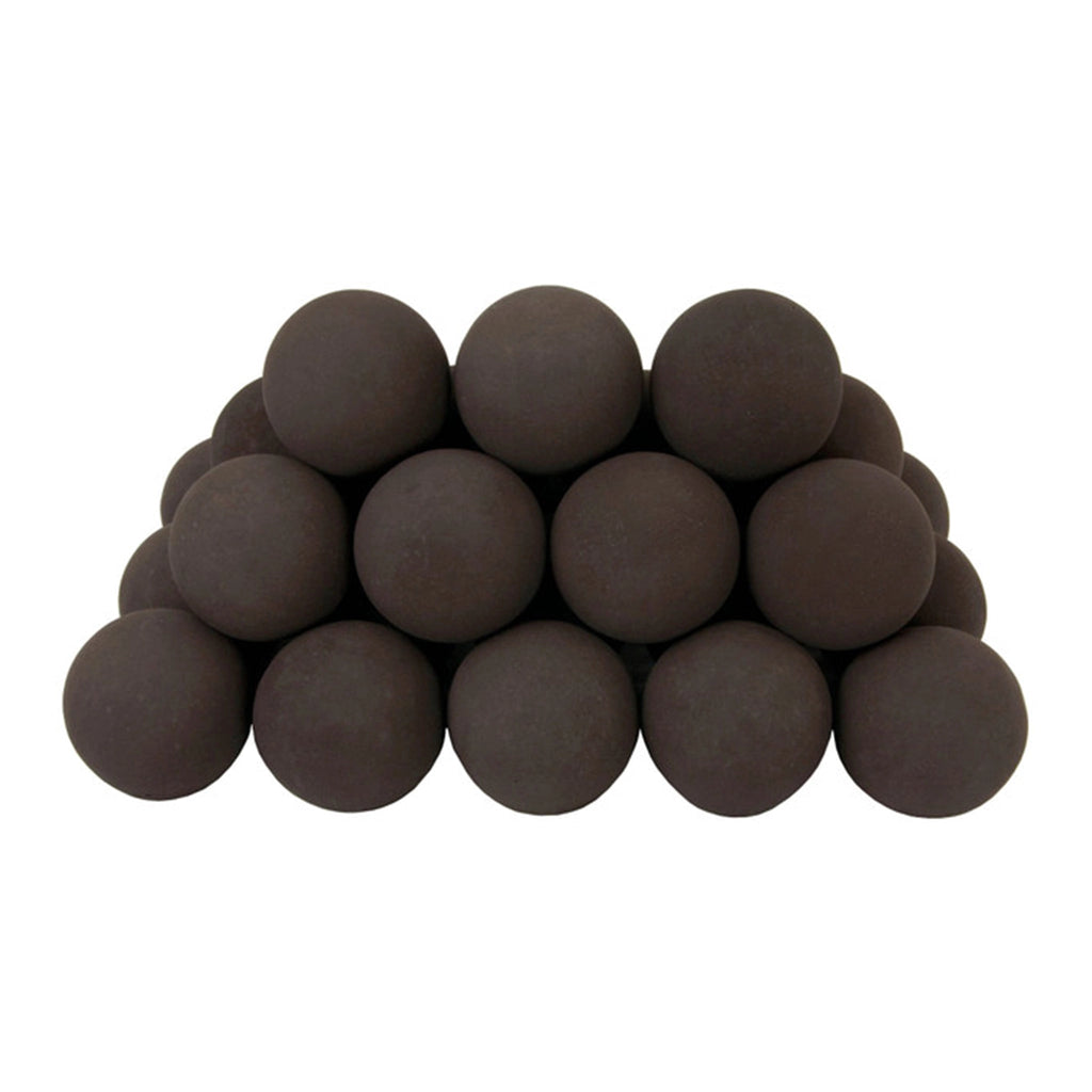 A pyramid stack of Rasmussen Vented Uniform FireBalls in Brown, offering a warm and earthy tone. These round fireballs are designed for vented fireplaces, adding a natural, rustic look to the fire feature. Perfect for creating a cozy atmosphere in modern or traditional fireplace settings, ideal for use with natural gas or propane.