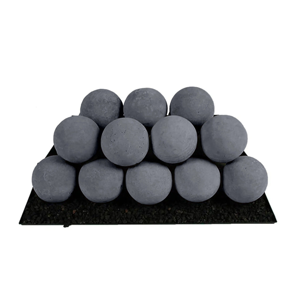 Rasmussen Vented Uniform FireBalls in dark grey placed on a black platform, arranged in a pyramid shape. These vented gas log alternatives provide a sleek and modern upgrade for fireplaces, made from heat-resistant material for long-lasting durability. Perfect for contemporary home décor with a gas fireplace or outdoor fire pit setup.