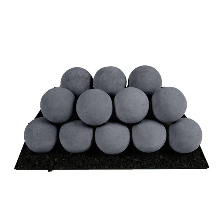 Rasmussen Vented Uniform FireBalls in dark grey placed on a black platform, arranged in a pyramid shape. These vented gas log alternatives provide a sleek and modern upgrade for fireplaces, made from heat-resistant material for long-lasting durability. Perfect for contemporary home décor with a gas fireplace or outdoor fire pit setup.