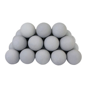 Rasmussen Vented Uniform FireBalls in light grey, stacked in a symmetrical pyramid. Designed for vented gas fireplaces, these fireballs offer a clean and minimalist design, providing an even flame output. Ideal for transforming your fireplace or fire pit into a focal point with a modern touch.