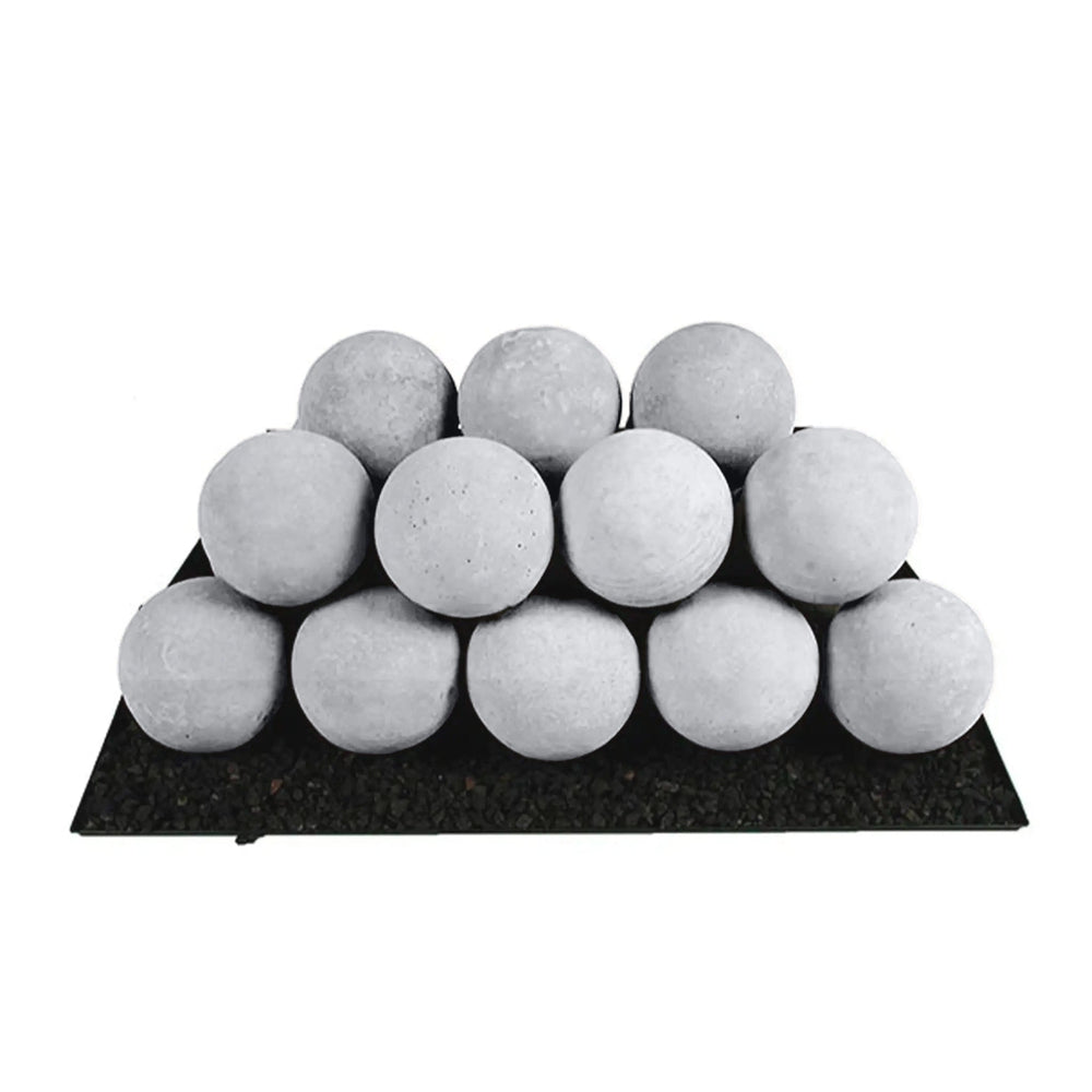 Rasmussen Vented Uniform FireBalls in light grey, arranged on a black base in a pyramid formation. These fireballs are made to withstand extreme heat and provide a sleek, modern look for any vented fireplace or fire pit. Perfect for creating a unique, decorative gas fire feature indoors or outdoors.