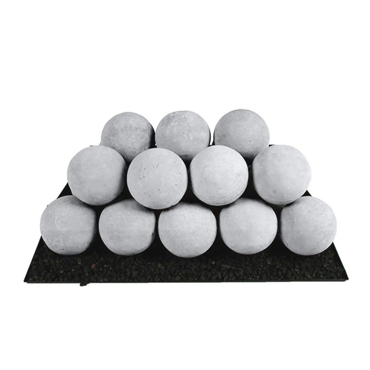 Rasmussen Vented Uniform FireBalls in light grey, arranged on a black base in a pyramid formation. These fireballs are made to withstand extreme heat and provide a sleek, modern look for any vented fireplace or fire pit. Perfect for creating a unique, decorative gas fire feature indoors or outdoors.