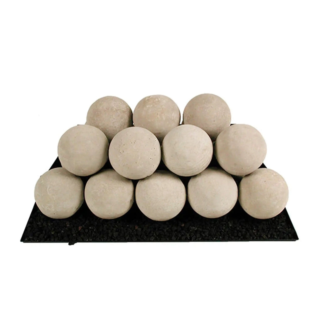 Rasmussen Vented Uniform FireBalls in a natural finish, placed on a black platform, neatly stacked in a pyramid. These fireballs provide an earthy tone and heat-resistant functionality, perfect for use in vented fireplaces or outdoor fire pits. Ideal for adding a contemporary yet warm atmosphere to any space.