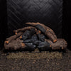 Real Fyre 30-inch Charred American Oak vented gas logs, arranged in a gas fireplace setting without flames, highlighting the detailed texture and charring of each log for a lifelike wood-burning appearance. Ideal for traditional or modern fireplaces.