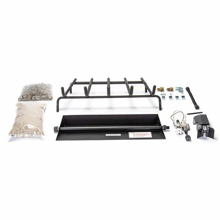 Complete Real Fyre Vented G4 Fireplace Burner Kit for propane systems, featuring a burner pan, sand, embers, grate, and SPK-26P safety pilot kit; perfect for upgrading your traditional gas fireplace with reliable performance and customizable log placement.
