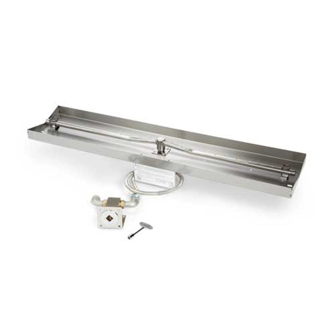 Rectangular stainless steel fire pit burner kit with included control valve and connecting components, suitable for outdoor fire pits