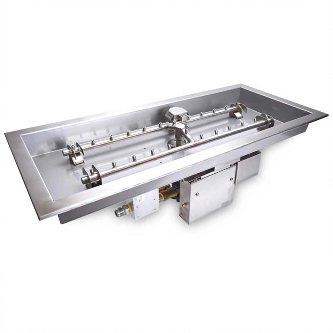 Stainless steel dual-tube fire pit burner system with built-in electronic ignition and control box, designed for high-efficiency outdoor fire features
