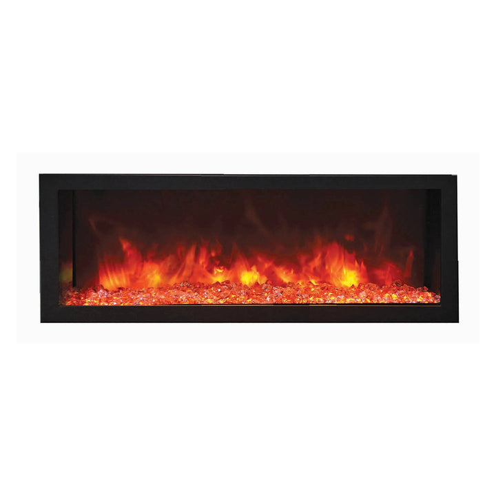 Remii Deep built-in electric fireplace showcasing a log setup with glowing flames and ember effects, perfect for creating a warm atmosphere in homes or outdoor lounges.
