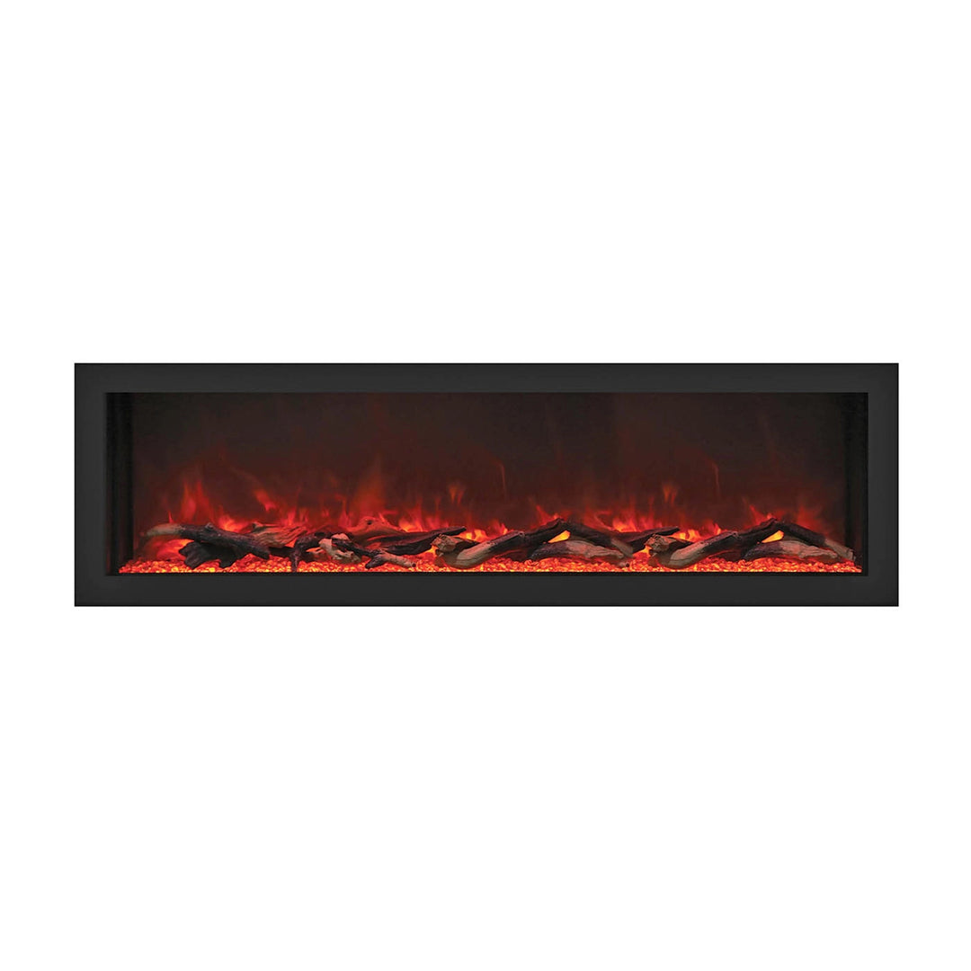 Remii Deep electric fireplace with a narrow black frame, crystal ember media, and lifelike flame effects, designed for seamless indoor or outdoor wall integration.