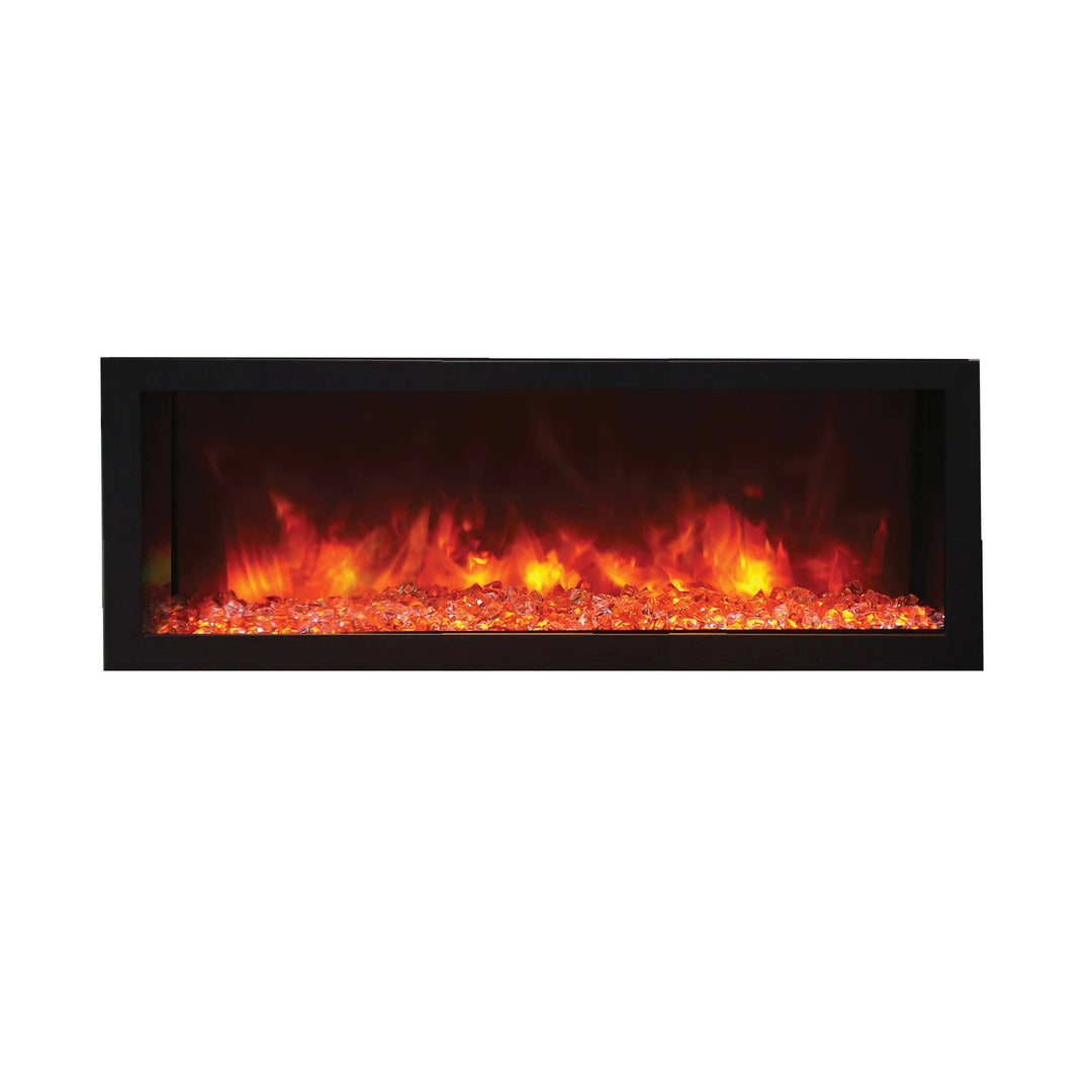 Compact Remii Deep built-in electric fireplace highlighting bright flame visuals with crystal ember bed, ideal for versatile installations in living rooms or patios.