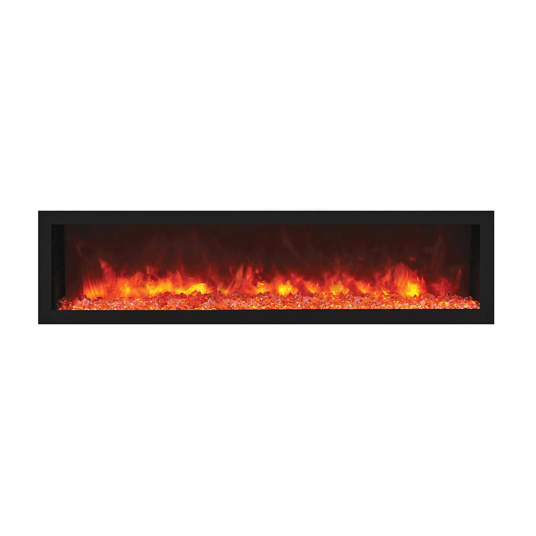 Remii Deep indoor and outdoor built-in electric fireplace showcasing a sleek black frame and vibrant ember flame effect with shimmering crystal media, perfect for modern interiors and patios.