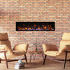Remii Deep built-in electric fireplace installed on a brick wall, adding a rustic yet modern charm with glowing logs and ember flame effects, suitable for indoor and outdoor settings.