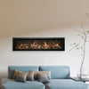 Lifestyle view of the Remii Deep built-in electric fireplace installed in a modern living room, featuring log media and warm realistic flames for cozy indoor decor.