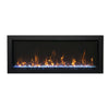  Remii Extra Slim indoor/outdoor electric fireplace featuring a unique combination of golden flames with icy blue crystal accents. The ultra-slim design and elegant black frame make it perfect for stylish living rooms, bedrooms, or patios with a focus on space-saving luxury.